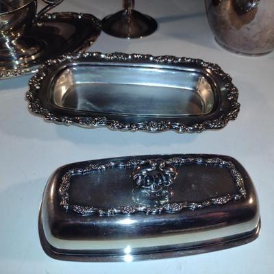 Assorted Metal Serve Ware- Pitcher, Candy Dish, Gravy Boat with Under Plate, Covered Butter Dish
