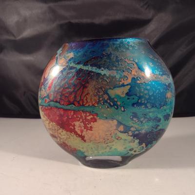 Colorful, Reverse Painted Art Glass Vase- Signed by Artist- Approx 5 1/8" Tall