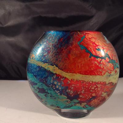 Colorful, Reverse Painted Art Glass Vase- Signed by Artist- Approx 5 1/8" Tall
