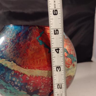 Colorful, Reverse Painted Art Glass Vase- Signed by Artist- Approx 5 1/8" Tall