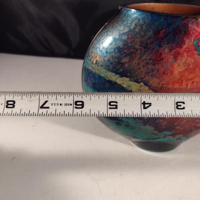 Colorful, Reverse Painted Art Glass Vase- Signed by Artist- Approx 5 1/8" Tall