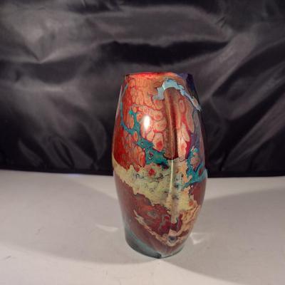 Colorful, Reverse Painted Art Glass Vase- Signed by Artist- Approx 5 1/8" Tall
