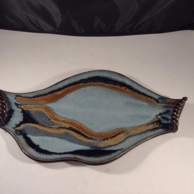 Handmade Glazed Pottery Serving Tray- Signed by Artist- Approx 13" x 7 3/4"