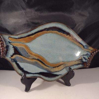 Handmade Glazed Pottery Serving Tray- Signed by Artist- Approx 13" x 7 3/4"
