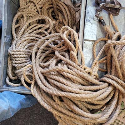 Sale Photo Thumbnail #102: Feet hooks that go around your calves, lots of rope, harness and big galvanized box measures 36" wide, 19" deep and 15" tall
Probably brass handles and hooks in the front of box.