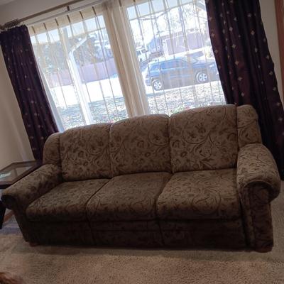 OLIVE GREEN W/SPLASH OF BURGUNDY DOUBLE RECLINING SOFA