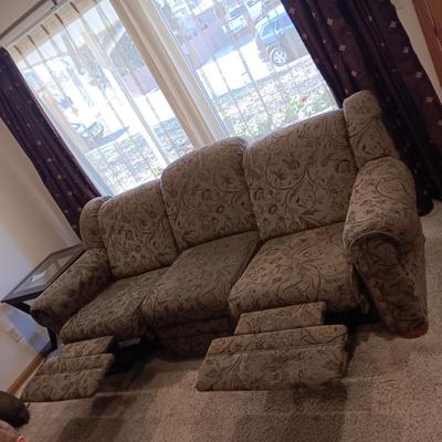 OLIVE GREEN W/SPLASH OF BURGUNDY DOUBLE RECLINING SOFA