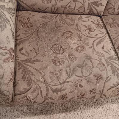 OLIVE GREEN W/SPLASH OF BURGUNDY DOUBLE RECLINING SOFA