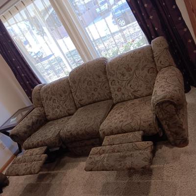 OLIVE GREEN W/SPLASH OF BURGUNDY DOUBLE RECLINING SOFA