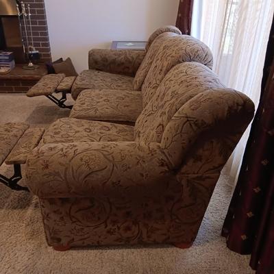 OLIVE GREEN W/SPLASH OF BURGUNDY DOUBLE RECLINING SOFA