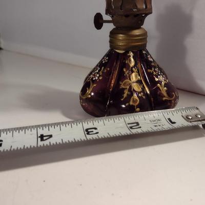 Small, Hand Painted Amethyst Glass Oil Lamp with Chimney Shade- Approx 6 1/2" Tall
