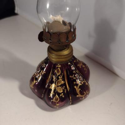 Small, Hand Painted Amethyst Glass Oil Lamp with Chimney Shade- Approx 6 1/2" Tall