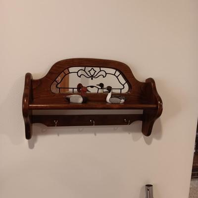 WALL HUNG MIRRORED SHELF AND 2 RESIN AVON DUCKS