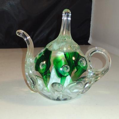 Vintage Clair 1971 Art Glass Controlled Bubble Green Floral Teapot Shaped Paperweight/Ring Holder- Approx 4" Tall