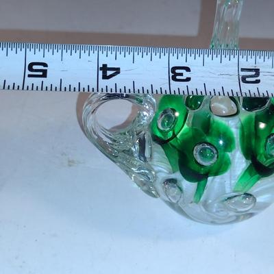 Vintage Clair 1971 Art Glass Controlled Bubble Green Floral Teapot Shaped Paperweight/Ring Holder- Approx 4" Tall