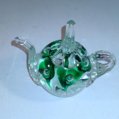 Vintage Clair 1971 Art Glass Controlled Bubble Green Floral Teapot Shaped Paperweight/Ring Holder- Approx 4" Tall