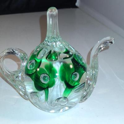 Vintage Clair 1971 Art Glass Controlled Bubble Green Floral Teapot Shaped Paperweight/Ring Holder- Approx 4" Tall