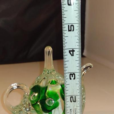 Vintage Clair 1971 Art Glass Controlled Bubble Green Floral Teapot Shaped Paperweight/Ring Holder- Approx 4" Tall