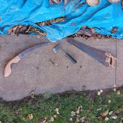 FIREWOOD, SMALL HATCHET AND 2 HAND SAWS