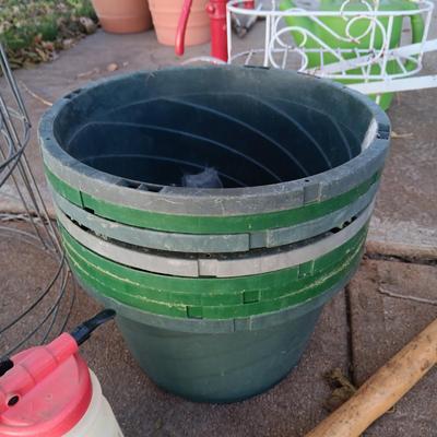 TOMATO CAGES, LOPPERS, ROOT FEEDER, SPRAYER AND FLOWER POTS
