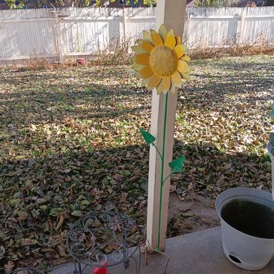 STAKED METAL SUNFLOWER, PLANT STANDS AND WATER CAN