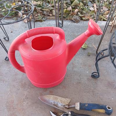 STAKED METAL SUNFLOWER, PLANT STANDS AND WATER CAN
