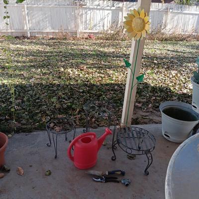 STAKED METAL SUNFLOWER, PLANT STANDS AND WATER CAN