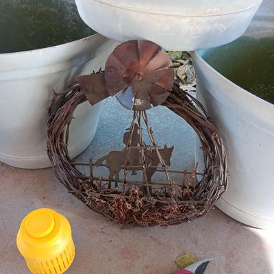 THREE 16" FLOWER POTS, BARBED WIRE COWBOY WALL HANGING AND A FROG