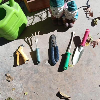 GARDENING TOOLS, WOODEN TOOL BOX, PLANT STAND & MORE