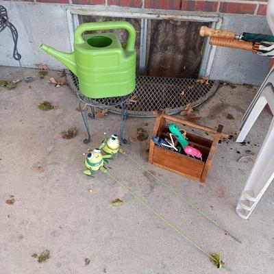 GARDENING TOOLS, WOODEN TOOL BOX, PLANT STAND & MORE