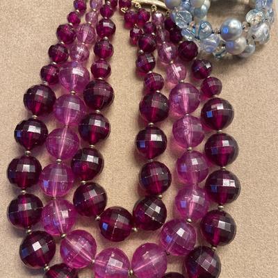 Purple beaded 3 layer necklace and blue beaded bracelet