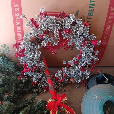 22 TREE STANDS, EVERGREEN GARLAND W/PINECONES AND A WREATH