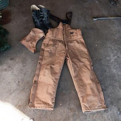 WALLS BLIZZARD PRUF INSULATED COVERALLS AND LACROSSE GALOSHES