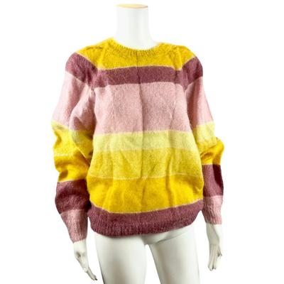 Sale Photo Thumbnail #434: Material:

67% Super Kid Mohair
28% Polyamide
5% Wool
Features:

Multicolor stripe design in warm shades
Lightweight and soft texture with a fuzzy mohair blend
Long-sleeved pullover style
Condition: New with tags (NWT)