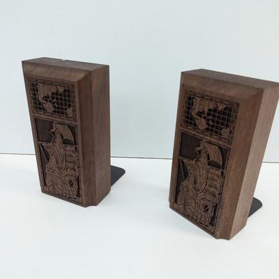 Mid Century Modern Lasercraft Walnut Wood Bookends Nautical Ships World Map