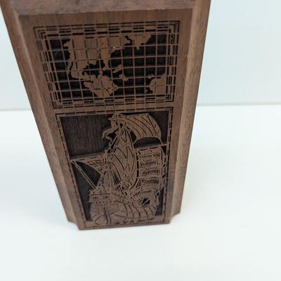Mid Century Modern Lasercraft Walnut Wood Bookends Nautical Ships World Map