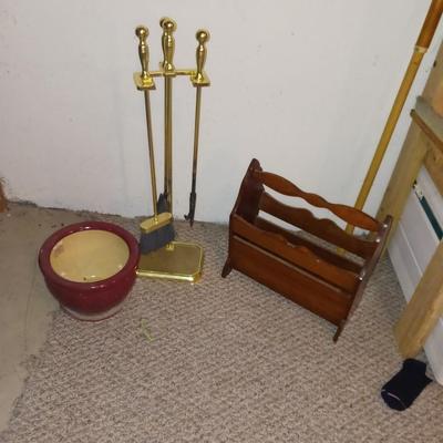 FIREPLACE TOOLS, MAGAZINE RACK AND FLOWER POT