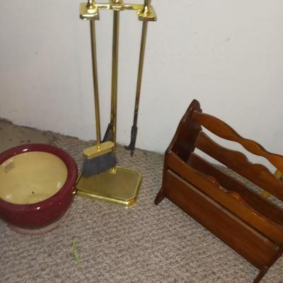 FIREPLACE TOOLS, MAGAZINE RACK AND FLOWER POT