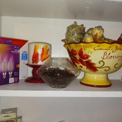 LARGE FRUIT BOWL, PILLAR CANDLE AND LIGHT BULBS