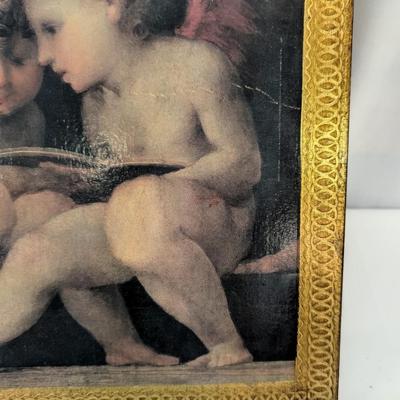 Made In Italy Two Cherubs Reading On Wood Approx 11 1/2" x 11 1/2"