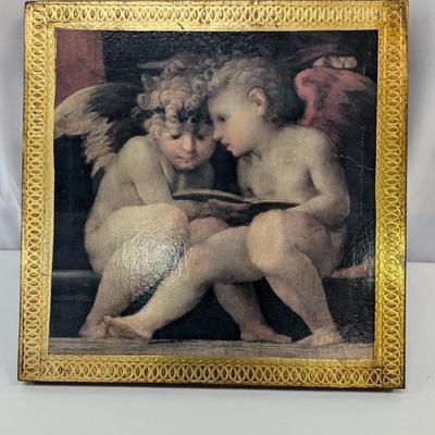 Made In Italy Two Cherubs Reading On Wood Approx 11 1/2" x 11 1/2"