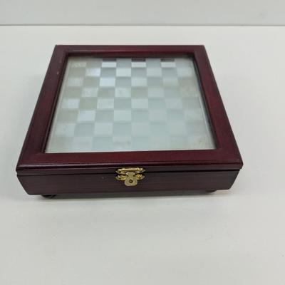 Hinged Wooden Box Glass Smoked/Frosted Chess Set With Mirrored Board Top