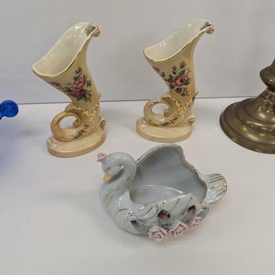 PWF Solid Brass Candle Holder - Spaulding China Bud Vases - Cobalt Blue Depression Glass Footed Bowl
