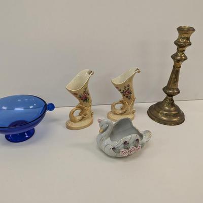 PWF Solid Brass Candle Holder - Spaulding China Bud Vases - Cobalt Blue Depression Glass Footed Bowl