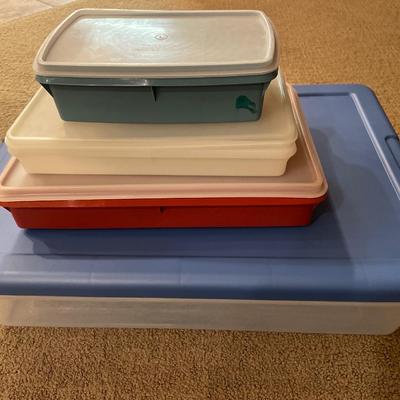 3 Tupperware containers and small storage tote