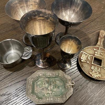 4 silver plate goblets, trivet and Paris tray