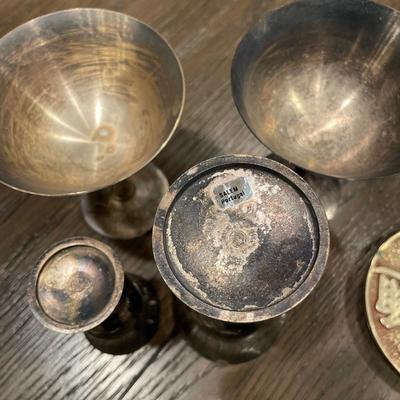 4 silver plate goblets, trivet and Paris tray