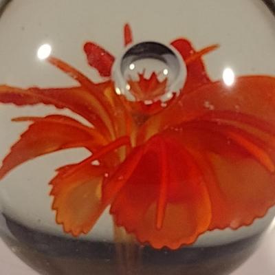 Art Glass Controlled Bubble Orange Floral Paperweight- Approx 2 1/2" Tall