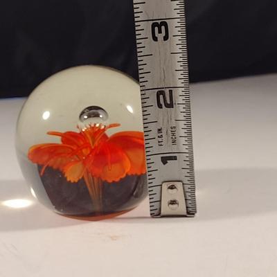 Art Glass Controlled Bubble Orange Floral Paperweight- Approx 2 1/2" Tall
