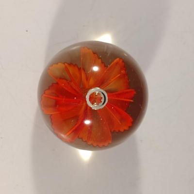 Art Glass Controlled Bubble Orange Floral Paperweight- Approx 2 1/2" Tall